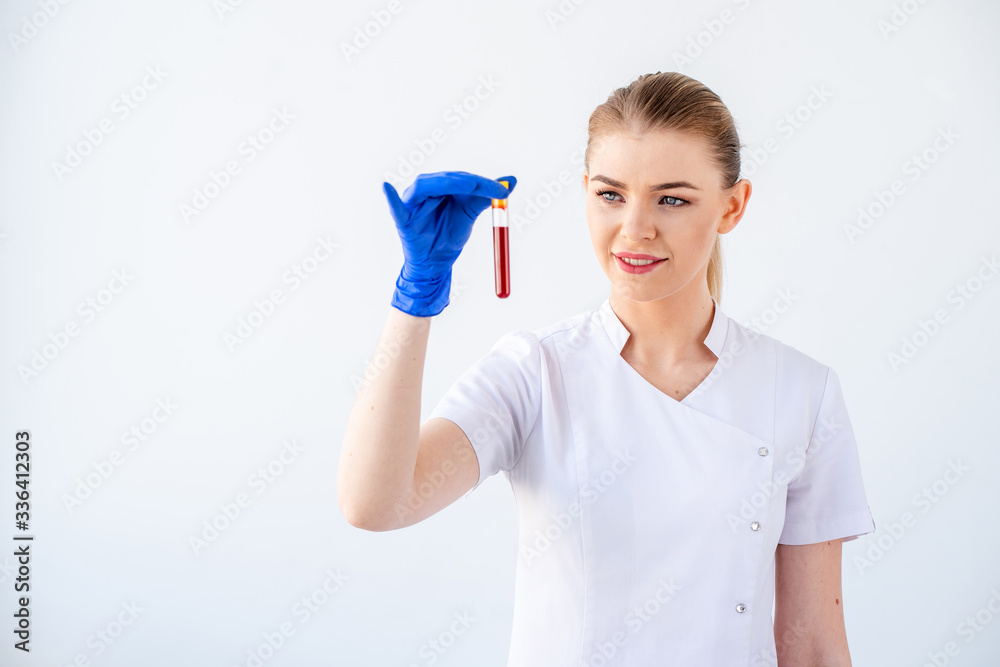 Female doctor nurse holding protective blood samples Female doctor nurse holding protective blood samples