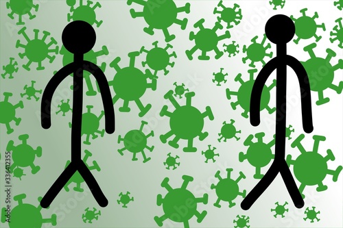 How to protect yourself against coronavirus ,Covid virus-19, people standing apart, preventing infection, hand drawn virus
