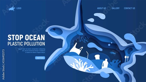 Ocean plastic pollution page template with turtle silhouette. Paper cut tortoise with plastic rubbish, fish, bubbles and coral reefs isolated on classic blue background. Save the ocean vector