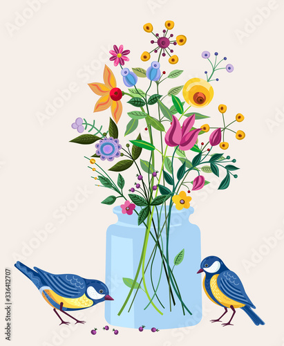 Spring blooming arrangement with fancy flowers and two blue tits. © Ksanask