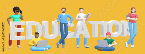 Word education on yellow background. Group of young multicultural successful people with laptop, tablet, phone. Horizontal banner cartoon character and website slogan. 3D rendering.