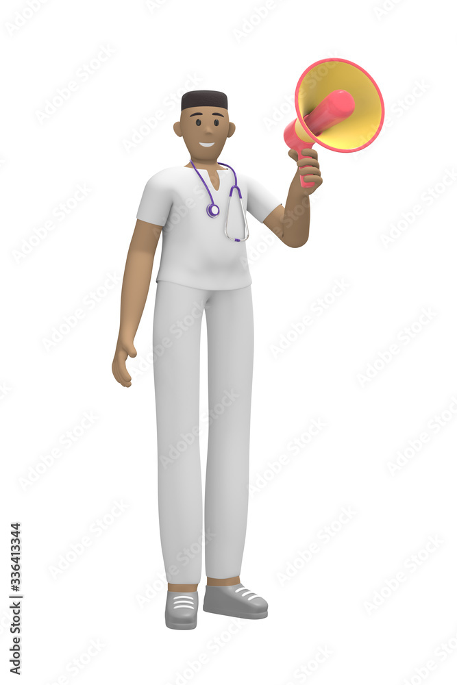 Medical character A young africam man doctor says, shouts into a megaphone to the attention, danger. Cartoon person isolated on a white background. 3D rendering. Medical character A young africam man doctor says, shouts into a megaphone to the attention, danger. Cartoon person isolated on a white background. 3D rendering.