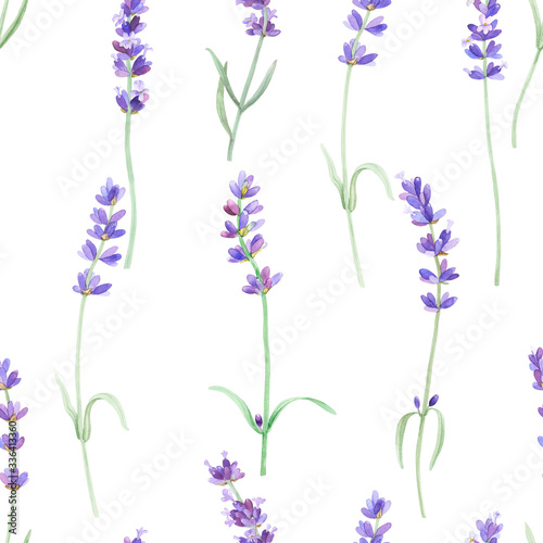 Watercolor pattern with lavender on isolated white background  watercolor hand drawing. Fabric wallpaper print texture. Stock illustration.