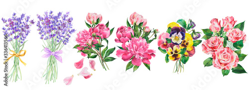 Beautiful bouquet , watercolor flowers, bellflower, peony, lavender, pansy on an isolated white background, watercolor botanical drawing.