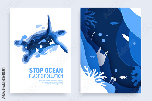 Ocean plastic pollution banner set with turtle silhouette. Paper cut tortoise with plastic rubbish, fish, bubbles and coral reefs isolated on white background. Paper art vector illustration