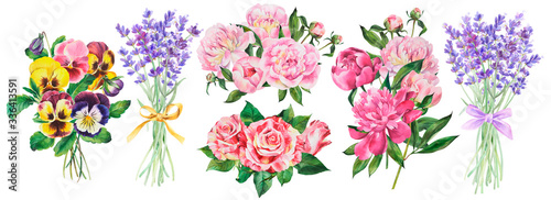 Beautiful bouquet , watercolor flowers, bellflower, peony, lavender, pansy on an isolated white background, watercolor botanical drawing.