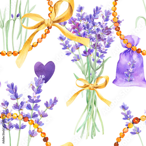 Watercolor pattern with lavender and amber beads on isolated white background, seamless pattern, watercolor hand drawing. Stock illustration for design, invitations, greeting cards, postcards, pattern