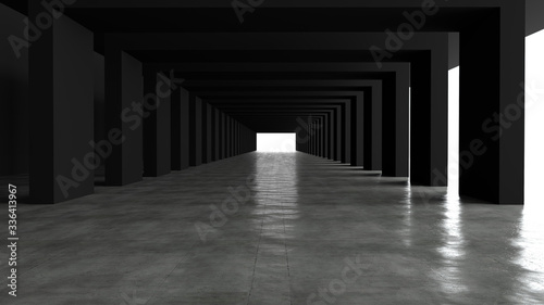 Fototapeta Naklejka Na Ścianę i Meble -  Empty space concrete room and the pathway area indefinitely with the gap and glowing light. And are moving forward, the rhythm of the square frame and the gap, On the floor of concrete, 3D rendering.