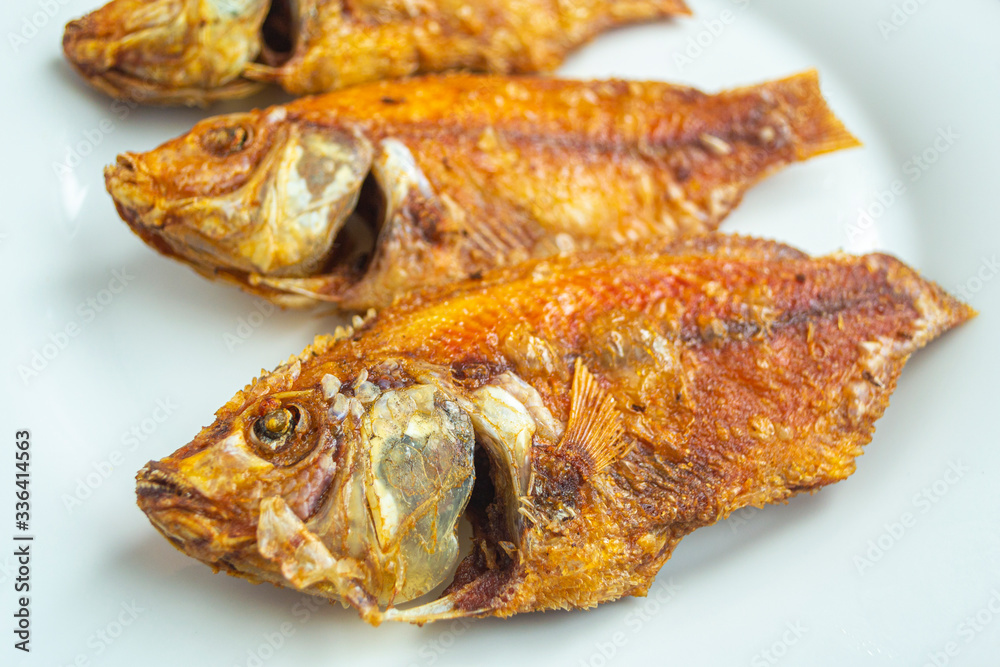 Ikan goreng or fried fish,
has a good taste and has good nutrition for the body. on white plate Ikan goreng or fried fish,
has a good taste and has good nutrition for the body. on white plate