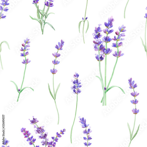 Watercolor pattern with lavender on isolated white background  watercolor hand drawing. Fabric wallpaper print texture. Stock illustration.