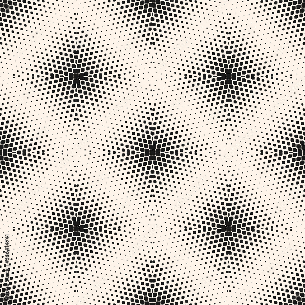 Vector seamless pattern, visual halftone transition effect. Monochrome texture with small rounded shapes in rhombic form, square abstract background. Stylish design for prints, covers, decor, digital