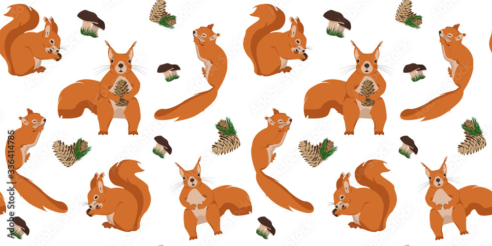Obraz premium Colors seamless pattern with proteins and cones. Illustration with a set of squirrels