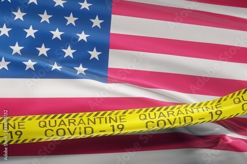Flag of the US waving on wind. Restrictive tape coronavirus Covid-19, SARS-CoV-19 quarantine. Realistic 3d rendering