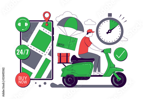 Online Delivery service concept. Mobile tracking app. Online order tracking. Fast Delivery by motorcycle. City logistics. Scooter with courier. Vector illustration