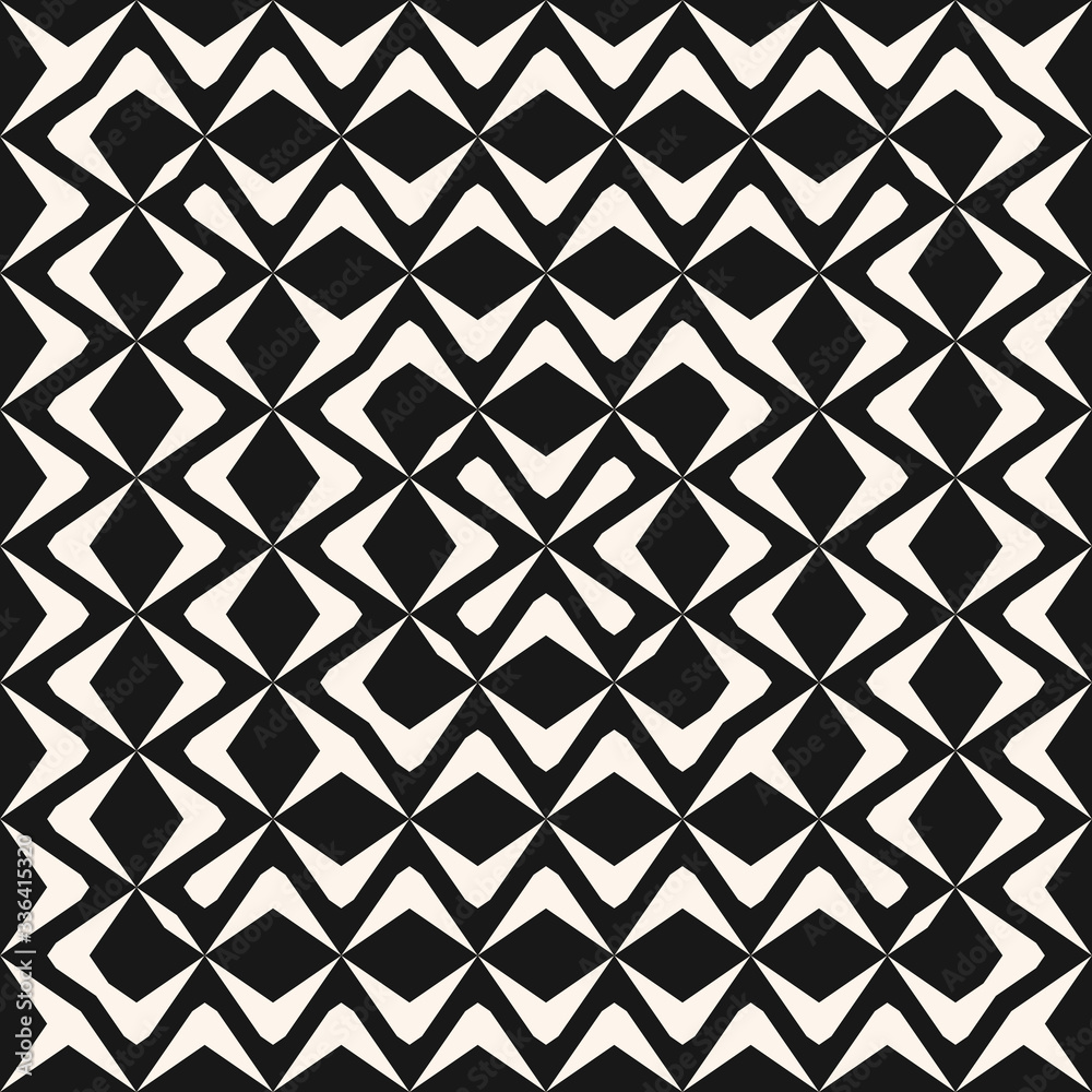 Vector ornamental seamless pattern with concentric wavy lines, curved shapes, zigzag, mesh, grid, lattice in square form. Ethnic tribal background. Traditional ornament. Monochrome repeat texture
