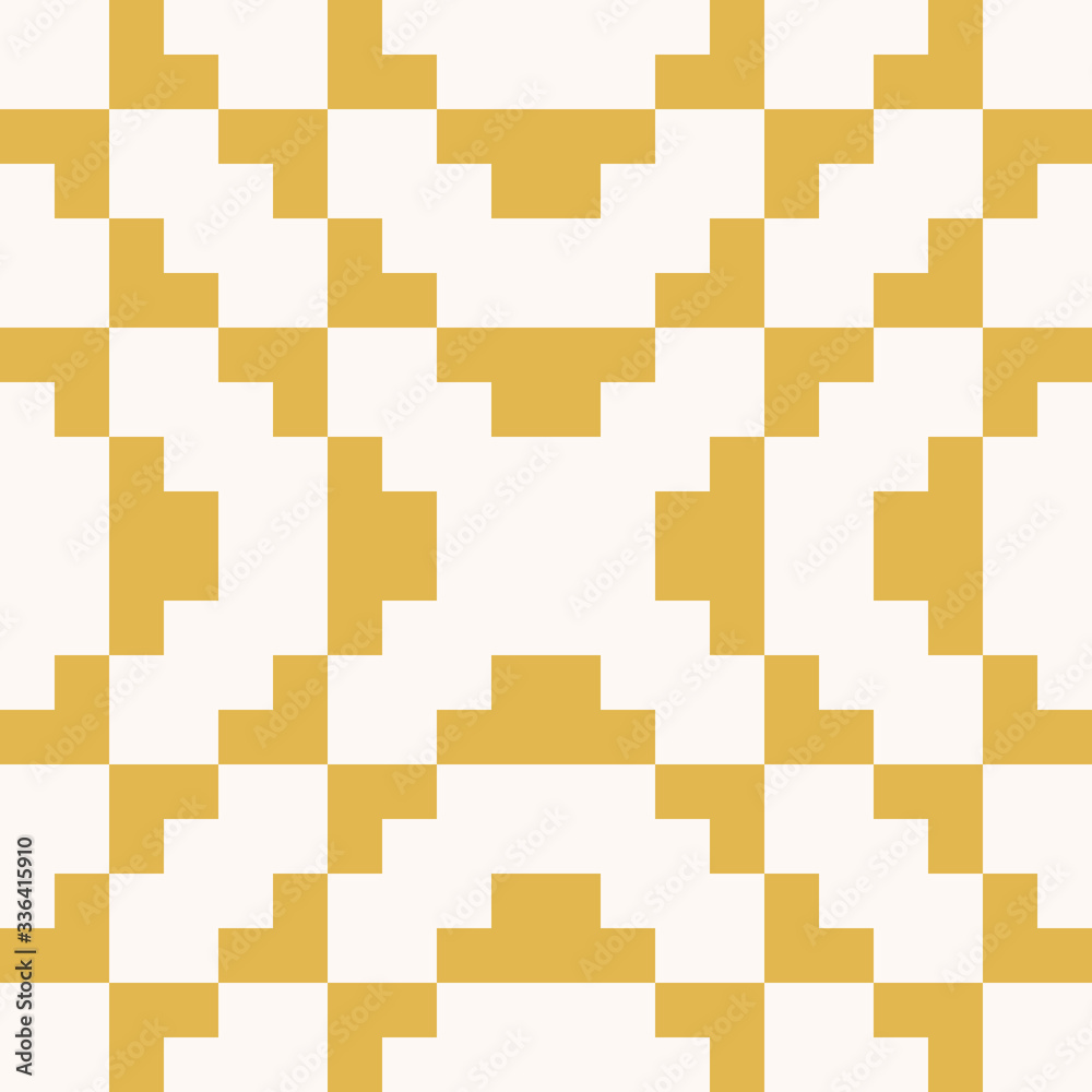 Vector geometric traditional folklore ornament. Fair isle seamless pattern. Tribal ethnic motif. Ornamental texture with squares, crosses, embroidery, knitting. Yellow and white repeatable background