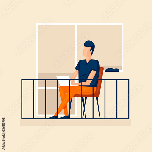 Man on the balcony with a laptop, work from home, freelance, virus, self-isolation. Flat style vector illustration.