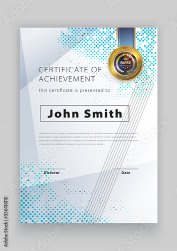 Official white certificate with blue green half tone and trianlges. Modern blank with gold emblem. Vector illustration.