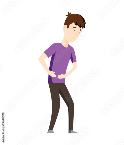 Man having stomachache symptoms of appendicitis with large, small intestine and appendix. Young man clutched his stomach. Abdominal pain. Appendix disease, emergency case