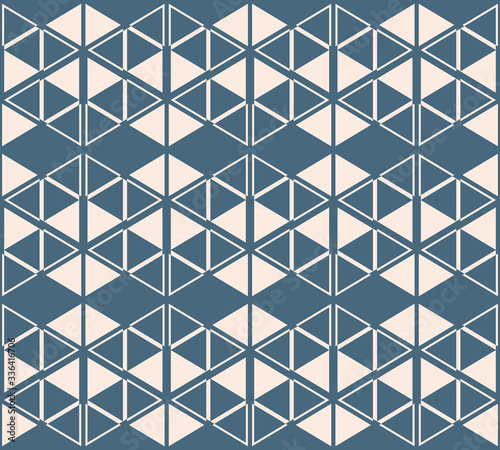 Triangle seamless pattern. Vector abstract geometric texture. Soft blue and beige color. Simple modern graphic background with small triangles, diamond shapes, grid, net. Stylish minimal repeat design