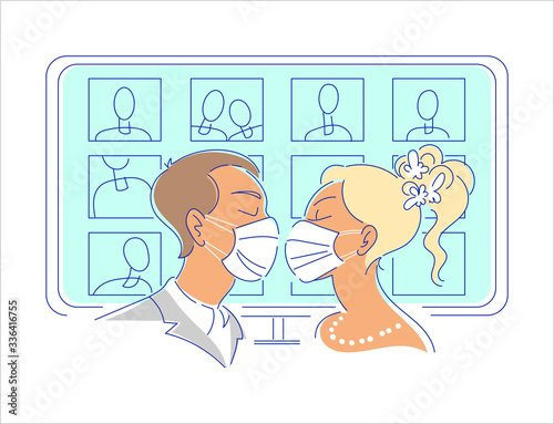 Wedding broadcast with online guests illustration. Kissing groom and bride in protective medical face masks, display with friends on the background. Self isolation, live stream marriage concept. 