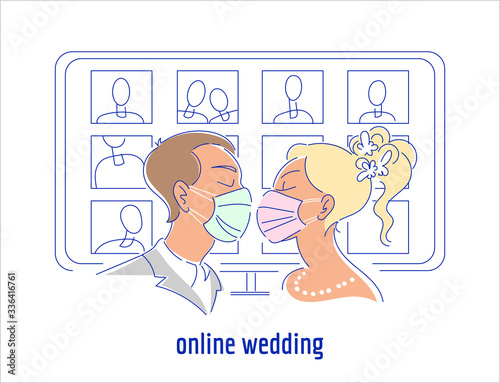 Corona virus pandemic wedding illustration. Kissing couple in protective medical face masks, display with online guests on the background. Self isolation, live stream marriage ceremony concept. 