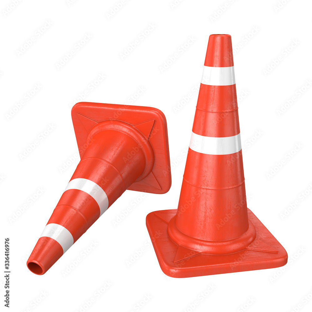 Two traffic cones isolated on a white background, 3D render