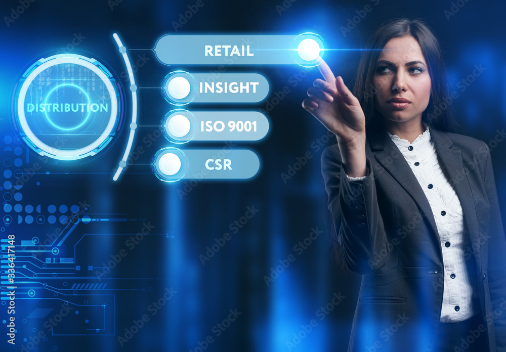 Business, Technology, Internet and network concept. Young businessman working on a virtual screen of the future and sees the inscription: Distribution