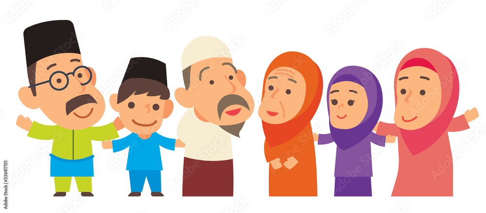 Fototapeta premium Happy Muslim family from grandparent, parents, son and daughter. Malay family stay together happily - vector character