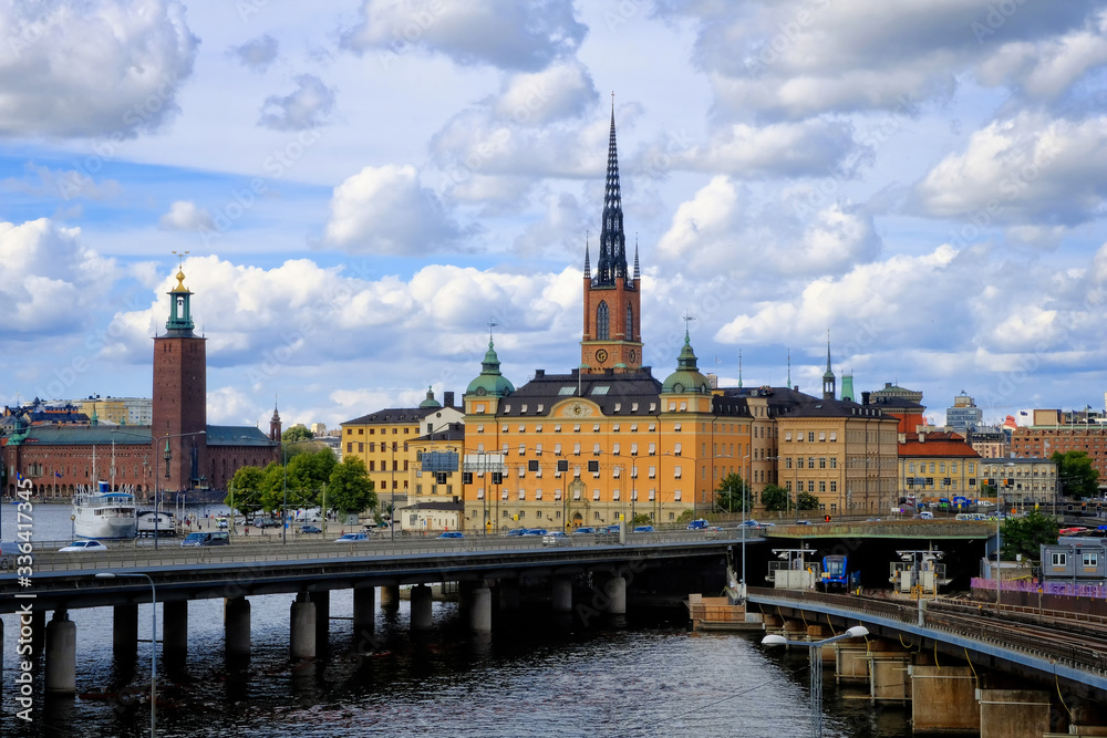 Stockholm, Sweden - August 2018: Traditional gothic buildings on Kornhamnstorg square, Harbour Square, in the old town, Gamla Stan