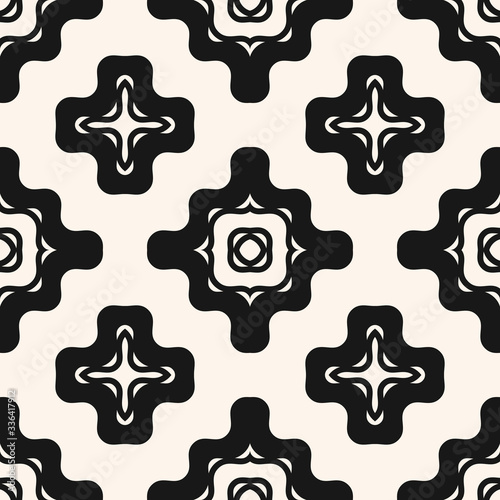 Vector geometric seamless pattern with wavy shapes, curved lines, crosses. Simple abstract black and white texture. Repeat monochrome ornament. Stylish modern design for decor, tileable print, wrap