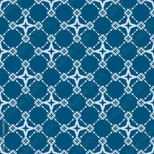 Floral grid seamless pattern. Abstract geometric texture. Simple vector ornament with floral shapes, rhombuses, stars, grid, net, lattice. Light blue and navy color. Repeat design for wallpaper, print