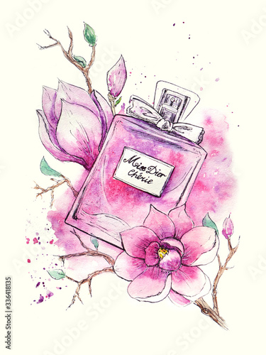 magnolia pink flowers perfume aroma toilet water perfumes fashion miss dior watercolor sketch background photo