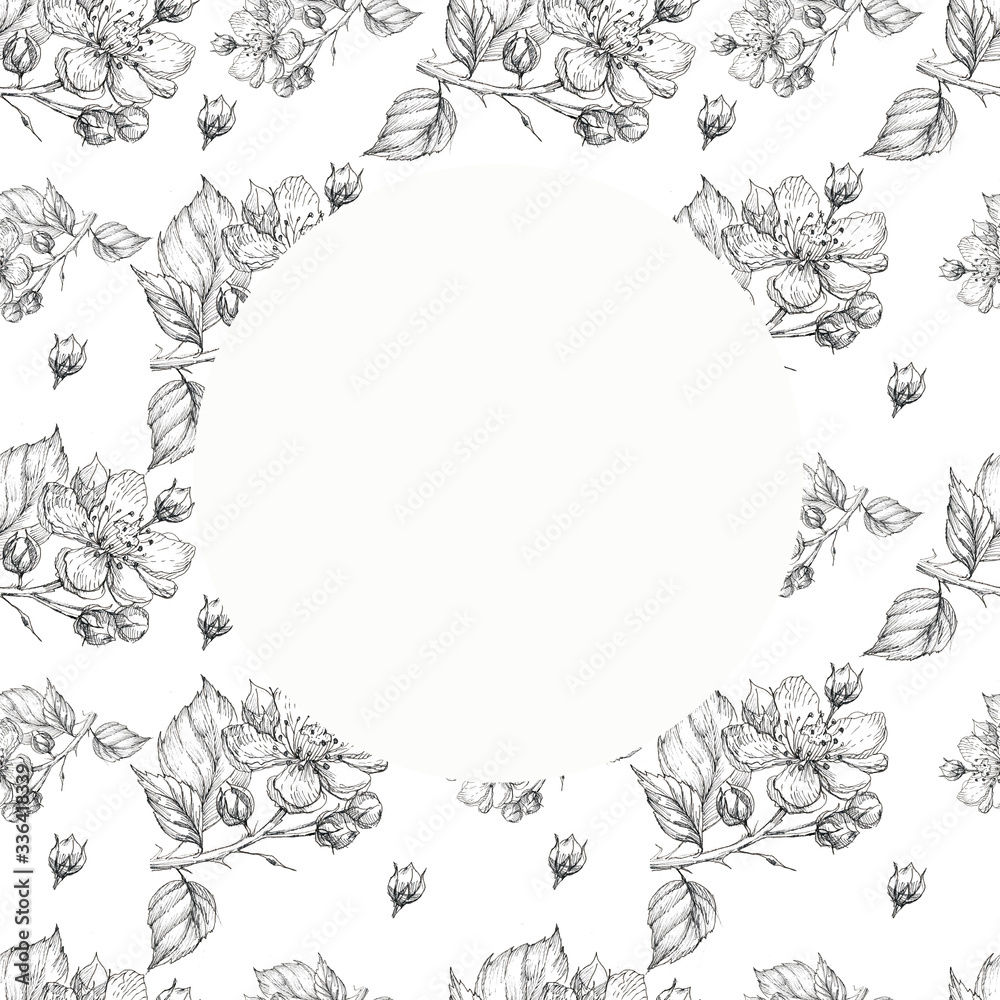 Fototapeta premium flowers blackberry plants garden pattern seamless print textile graphics line ink hand drawn congratulations postcard card background illustration spring nature summer
