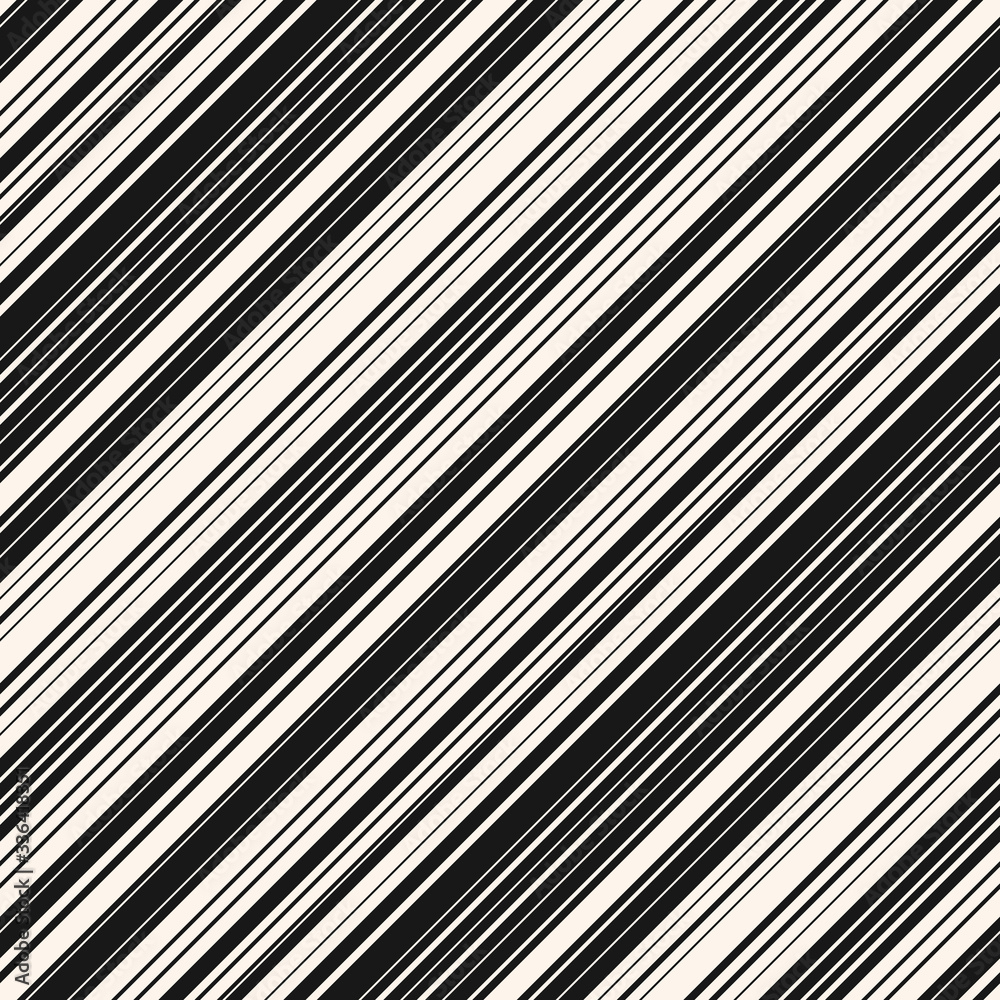 Obraz premium Black and white diagonal stripes pattern. Simple vector seamless texture with thin slanted lines, 45 degrees inclination. Abstract geometric striped background. Repeat ornament. Monochrome design