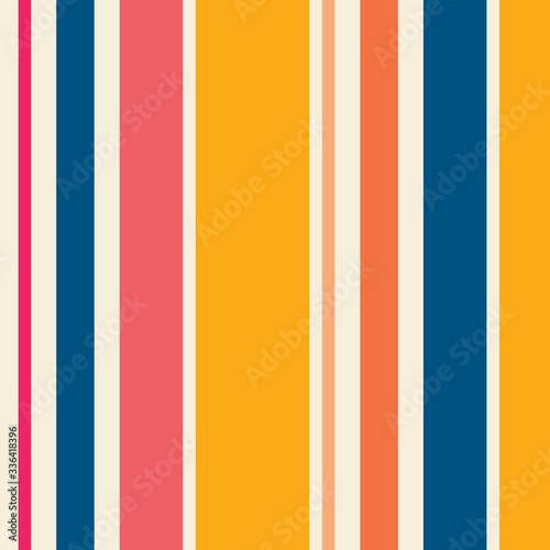 Colorful vector vertical stripes pattern. Simple seamless texture with thin and thick straight lines. Stylish abstract geometric striped background in bright colors, yellow, pink, orange, peach, blue