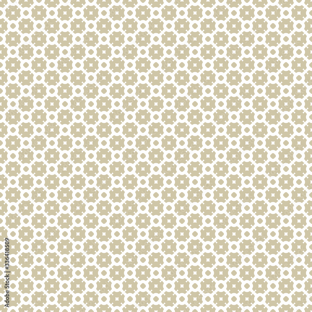 Vector golden seamless pattern. Abstract white and gold ornament. Simple geometric figures, circles, squares, floral shapes. Luxury background. Design for decoration, fabric, cloth, prints, package