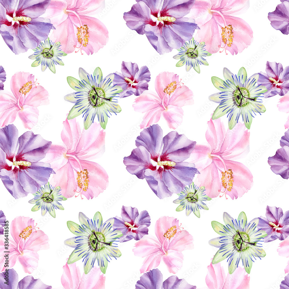Seamless pattern with passionflower, hibiscus flowers on an isolated white background, watercolor jungle drawing.