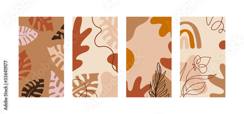 Set of vector abstract creative leaves background in minimal trendy style in portrait with copy space for text. Design templates for social media stories. Simple and stylish