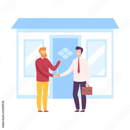 Male Agent and Client Shaking Hands, Real Estate Deal, Man Buying, Selling or Renting House Vector Illustration