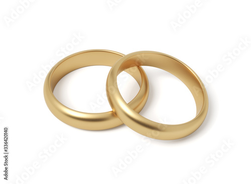 3d close-up rendering of two shiny gold rings on white background.