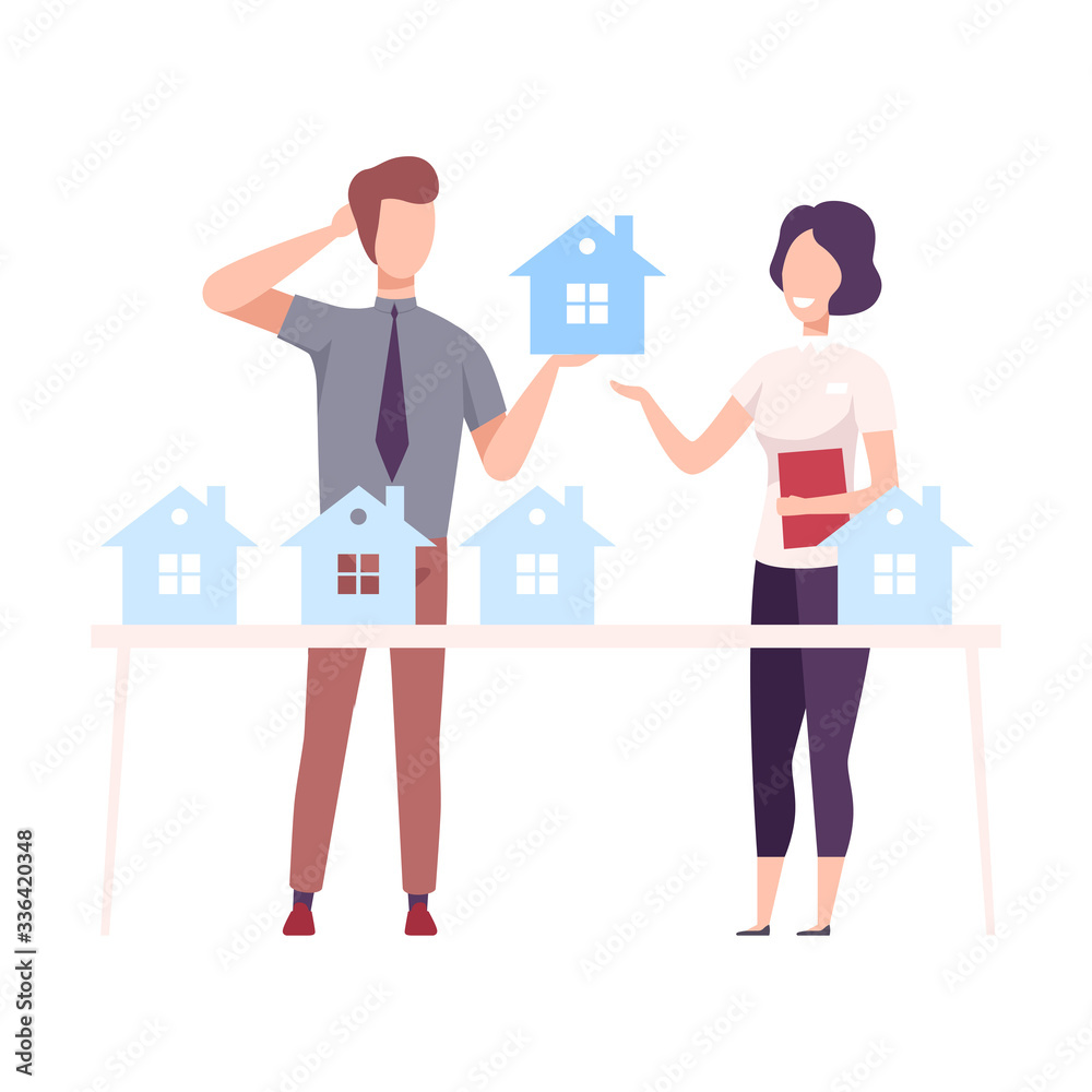 Male Real Estate Agent Offering House for Sale or Rent to Young Man Vector Illustration Male Real Estate Agent Offering House for Sale or Rent to Young Man Vector Illustration