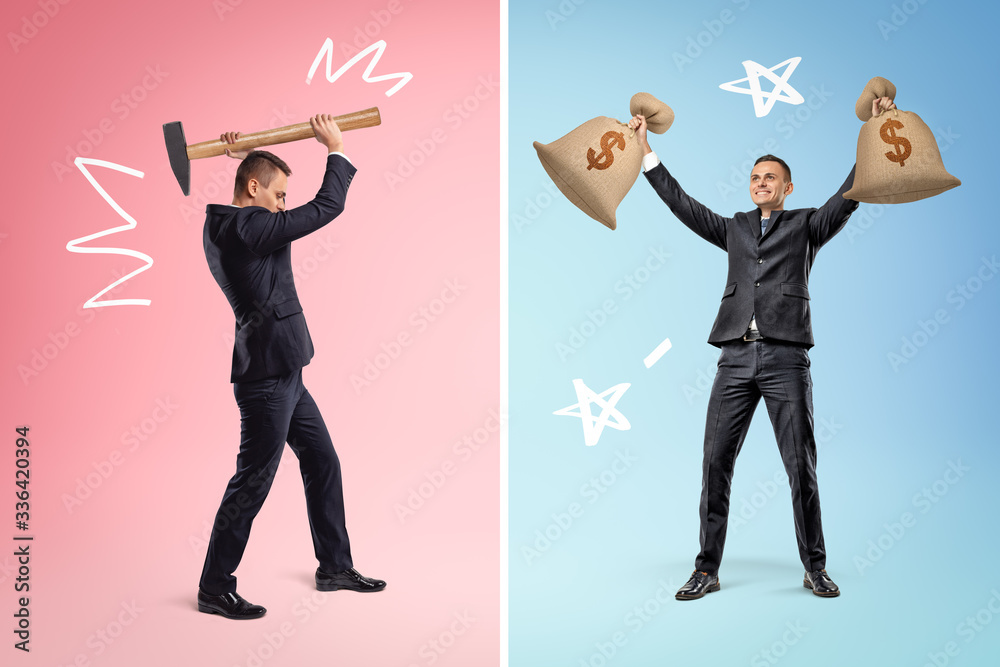 Φωτογραφία Businessman holding sledge hammer up on pink background and businessman with two big money bags in both hands on blue background