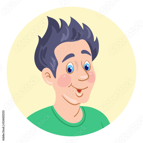 Portrait of a funny young man. Avatar icon in the circle. Isolated on white background. Flat style. Vector illustration
