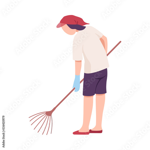 Young Man Collecting Trash on the Beach with Rakes, Male Volunteer Picking Garbage Outdoors Vector Illustration © topvectors