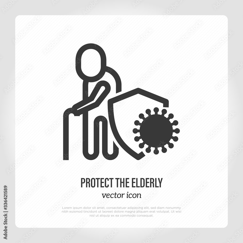 Protect the elderly from COVID-19. Senior with walking cane is protected by shield. Thin line icon. Vector illustration. Protect the elderly from COVID-19. Senior with walking cane is protected by shield. Thin line icon. Vector illustration.