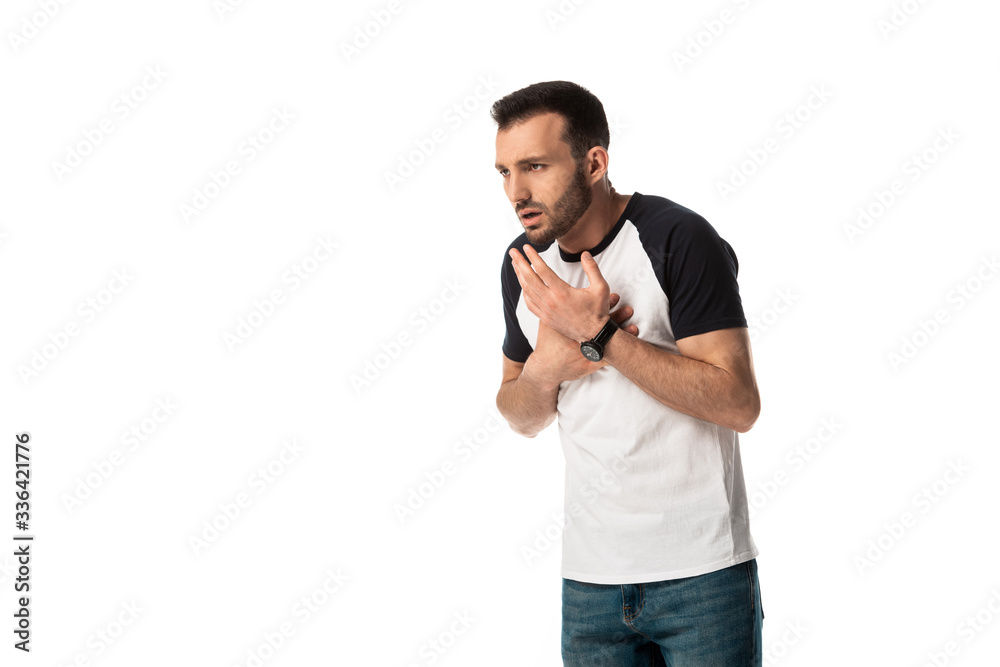 sick and bearded man coughing isolated on white sick and bearded man coughing isolated on white
