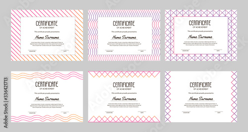 Collection of certificate templates with geometry gradient elements and sample text. Usable for online and offline courses, contest, test, sport competition. A4 vector illustration