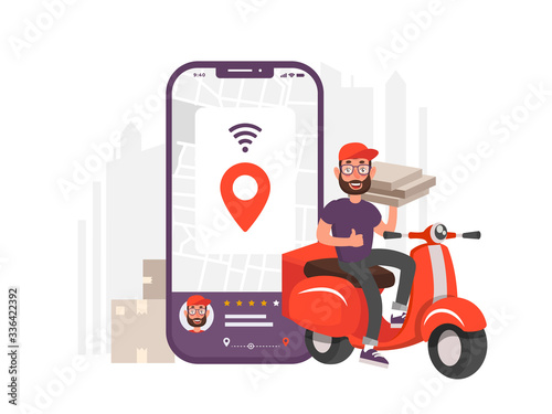 Scooter with delivery man flat vector cartoon character. Fast courier. Restaurant food service, mail delivery service, a postal employee the determination of geolocation using electronic device