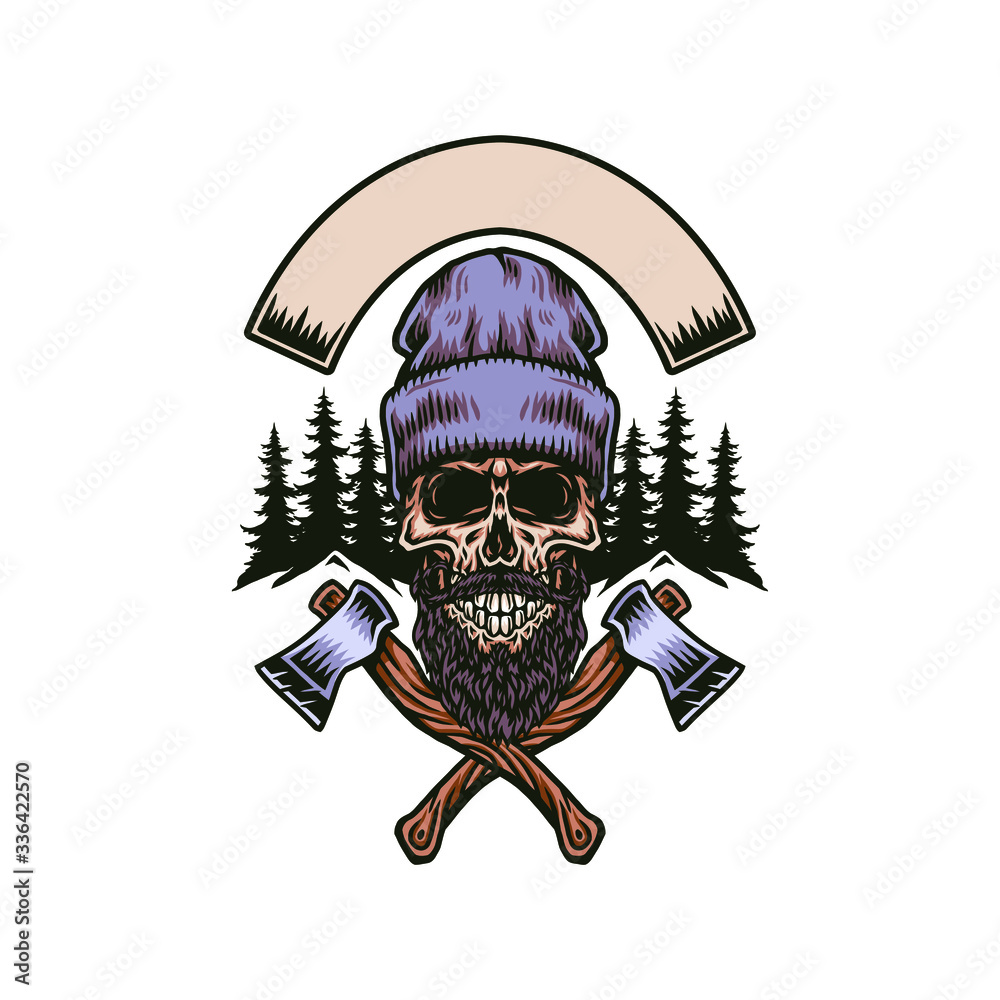 Lumberjack bearded skull with two axes, hand drawn line with digital color, vector illustration